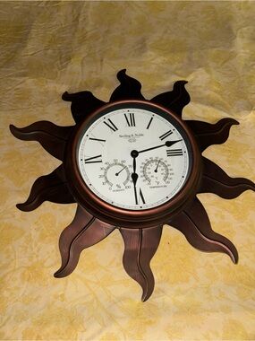 Copper Sunburst Wall Clock with Thermometer and Hygrometer